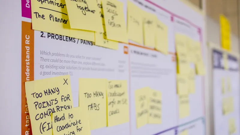 Sticky notes on a planning board arranged by team and priority, photographed from above